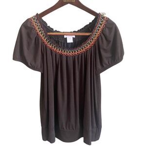 Biaggi Brown Top with Embroidered Neckline. Size XL.
